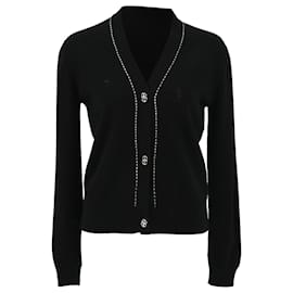 Hermès-Hermès V-neck White Stitch Detail Cardigan in Black Cashmere-Black