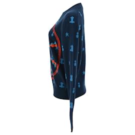 Hermès- Hermès Embroider Detail Crewneck Sweater in Navy Blue Cashmere-Blue,Navy blue