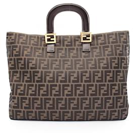Fendi-Fendi Zucca Canvas Leather Tote Bag-Brown