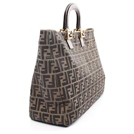 Fendi-Fendi Zucca Canvas Leather Tote Bag-Brown