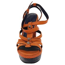 Balenciaga-BALENCIAGA Mule Mule High heels Leather 38 Orange Navy Silver Auth ki5289-Silvery,Orange,Navy blue