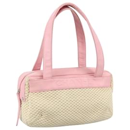 Chanel-CHANEL Hand Bag Cotton Leather Pink Beige Silver CC Auth bs20916-Silvery,Pink,Beige