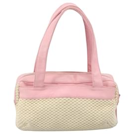Chanel-CHANEL Hand Bag Cotton Leather Pink Beige Silver CC Auth bs20916-Silvery,Pink,Beige
