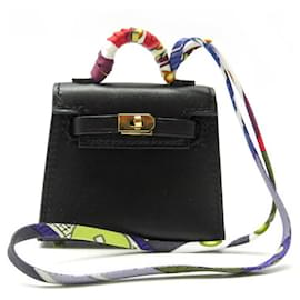 Hermès-NEUF BIJOU DE SAC HERMES MINI KELLY TWILLY SELLIER CUIR TADELAKT NOIR CHARM BAG-Noir