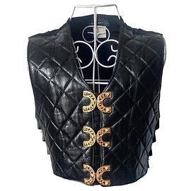 Pellessimo Chaleco de cuero acolchado sin mangas Negro Gold hardware