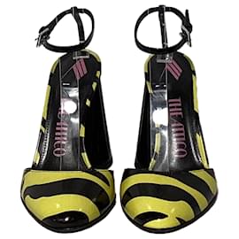 Attico- The Attico Luz Block Cone Heel Ankle Strap Pumps in Black and Yellow Leather-Yellow