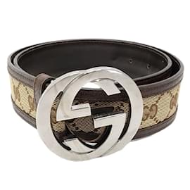 Gucci-Cinto de lona e couro com G entrelaçado Gucci-Marrom,Bege