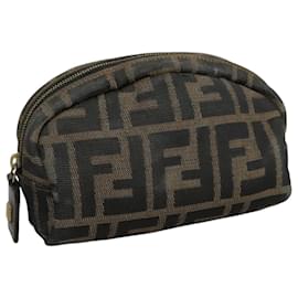 Fendi-FENDI Zucca Canvas Pouch Brown Black Gold Auth 105658-Brown,Black,Golden