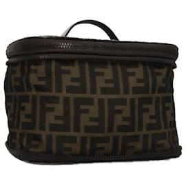 Fendi-FENDI Zucca Canvas Vanity Pouch Brown Black Auth 108539-Brown,Black
