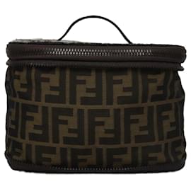 Fendi-FENDI Zucca Canvas Vanity Pouch Brown Black Auth 108539-Brown,Black