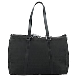 Fendi-FENDI Zucchino Canvas Boston Bag Silver Black Auth 109161-Black,Silvery