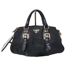 PRADA Bolsa Bauletto em Nylon e Couro Preto Preto