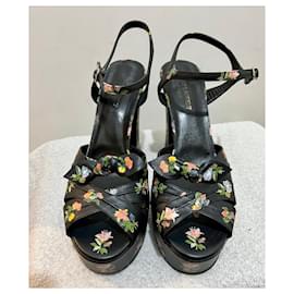 Saint Laurent-Calfskin Prairie Printed Candy 85 Platform Sandals-Black,Multiple colors