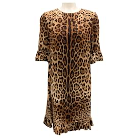 Dolce & Gabbana-Dolce & Gabbana Brown / Black Leopard Printed Ruffled Crepe Dress-Brown
