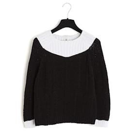 Chanel-Chanel Pull Top FR38 Black White Minimal Knit Top Sweater UK10 US8-Black,White