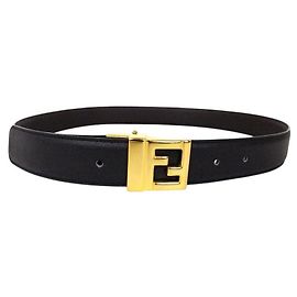 Fendi FF Gold Logo Black Leather Belt Black Golden