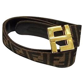 Fendi Zucca Brown Monogram Pattern Gold Logo Leather Belt Brown Golden