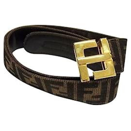 Fendi-Fendi Zucca Brown Monogram Pattern Gold Logo Leather Belt-Brown,Golden