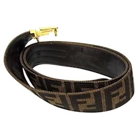 Fendi-Fendi Zucca Brown Monogram Pattern Gold Logo Leather Belt-Brown,Golden