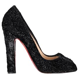 Christian Louboutin- Christian Louboutin Chunky Heel Pumps in Black Pony Hair Wool-Black
