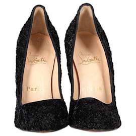 Christian Louboutin- Christian Louboutin Chunky Heel Pumps in Black Pony Hair Wool-Black