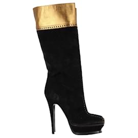 Saint Laurent- Saint Laurent Laser Cut Detail Knee-High Platform Boots in Black and Gold Suede-Black