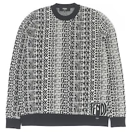 Fendi-Fendi Wool FF Logo Knit Sweater Black White-Other