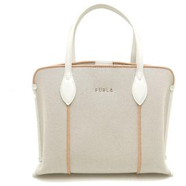 Furla Vittoria M Canvas Leather Handbag Beige