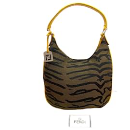 Fendi-Fendi Zebra Logo Charm Leather Canvas Handbag-Brown