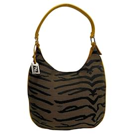 Fendi-Fendi Zebra Logo Charm Leather Canvas Handbag-Brown
