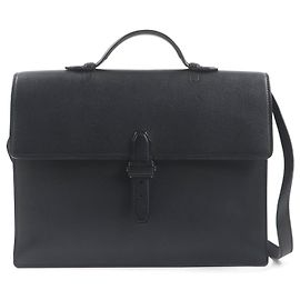 Autre Marque Brioni Leather Briefcase Black Silver Metal Black