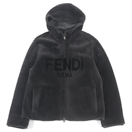 Fendi-Fendi Sheep Leather Logo Hooded Mouton Jacket-Dark grey