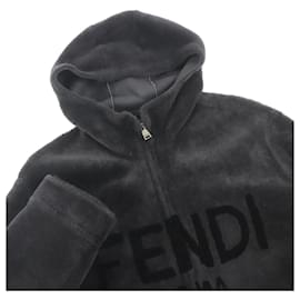 Fendi-Fendi Sheep Leather Logo Hooded Mouton Jacket-Dark grey