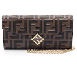 Fendi-Fendi Leather FF Diamond Zucca Embossed Shoulder Bag-Brown