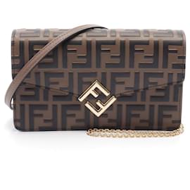Fendi-Fendi Leather FF Diamond Zucca Embossed Shoulder Bag-Brown