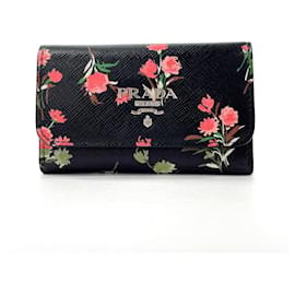 Prada-Prada Saffiano Leather Flower Key Case-Black