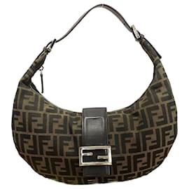 Fendi-Fendi Mamma Baguette Canvas Leather Shoulder Bag-Brown
