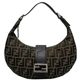 Fendi-Fendi Mamma Baguette Canvas Leather Shoulder Bag-Brown