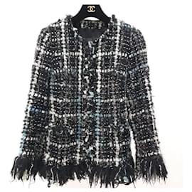 Chanel-CHANEL  black white silver fringe tweed fluffy Blazer Jacket  Sz.36-Multiple colors