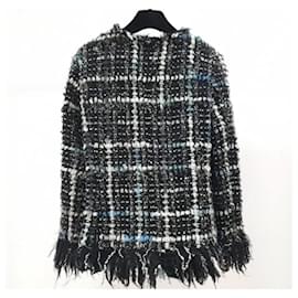Chanel-CHANEL  black white silver fringe tweed fluffy Blazer Jacket  Sz.36-Multiple colors