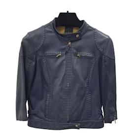 Fendi-Fendi Navy Blue Leather Moto Jacket Sz.36-Dark blue