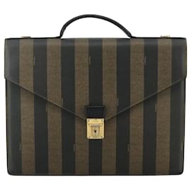 Fendi-FENDI Pecan Canvas Business Bag 2way Brown Black gold Auth bs21370-Brown,Black,Golden