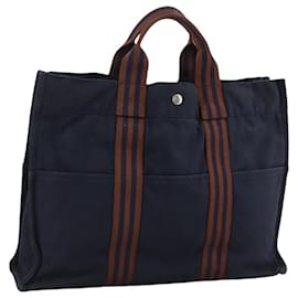 Hermès-HERMES Fourre Tout MM Sac Tote Toile Marine Marron Auth 109196-Marron,Bleu Marine
