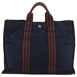 Hermès-HERMES Fourre Tout MM Sac Tote Toile Marine Marron Auth 109196-Marron,Bleu Marine