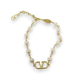 Pulseira de pérolas com logo V de Valentino Garavani Branco Dourado