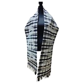 Balenciaga-Écharpe grande en tartan à logo en laine Balenciaga avec franges-Noir,Blanc