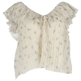 Blusa de poliéster creme com mangas bufantes estampadas e decote em V Ganni Branco Cru