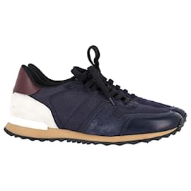 Valentino Garavani- Valentino Garavani Rockrunner Studded Sneakers in Navy Blue Polyester and Suede-Blue,Navy blue