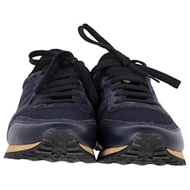 Valentino Garavani- Valentino Garavani Rockrunner Studded Sneakers in Navy Blue Polyester and Suede-Blue,Navy blue