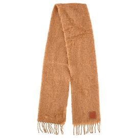 Sciarpa frangiata in mohair marrone con logo Loewe applicato Marrone Rosso
